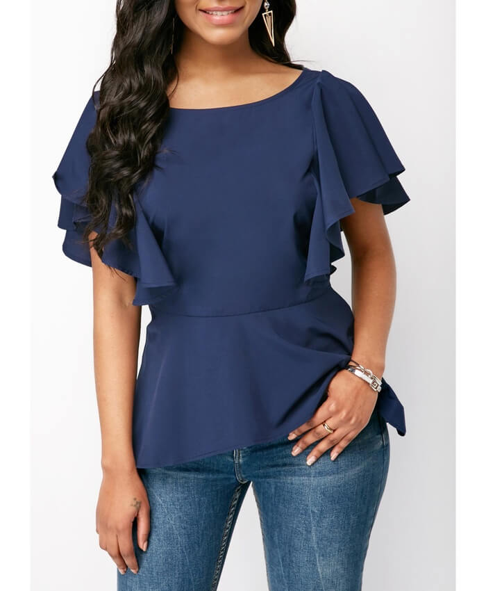 V Back Navy Blue Butterfly Sleeve Blouse